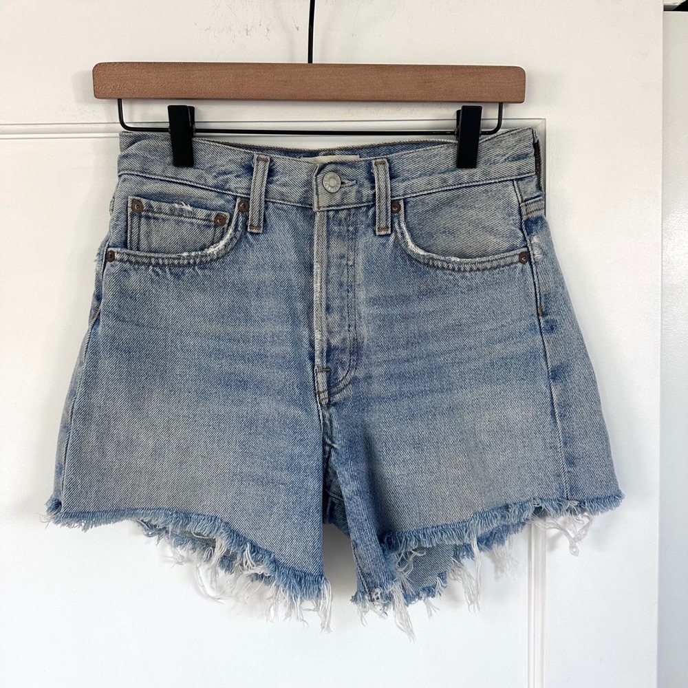 AGOLDE‎ Parker Long High Rise Denim Shorts Skyewave Blue Raw Hem 24